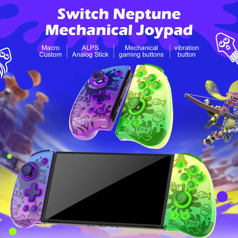 Joy-Con Splatoon Neptune IINE con botones mecánicos, luces RGB y diseño ergonómico.